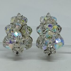 * vintage AB Aurora Borealis glass crystal clip on earrings unusual shape